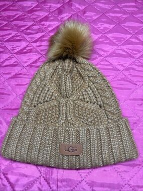 UGG Tan Cable-Knit Pom Beanie with Faux Fur Pom